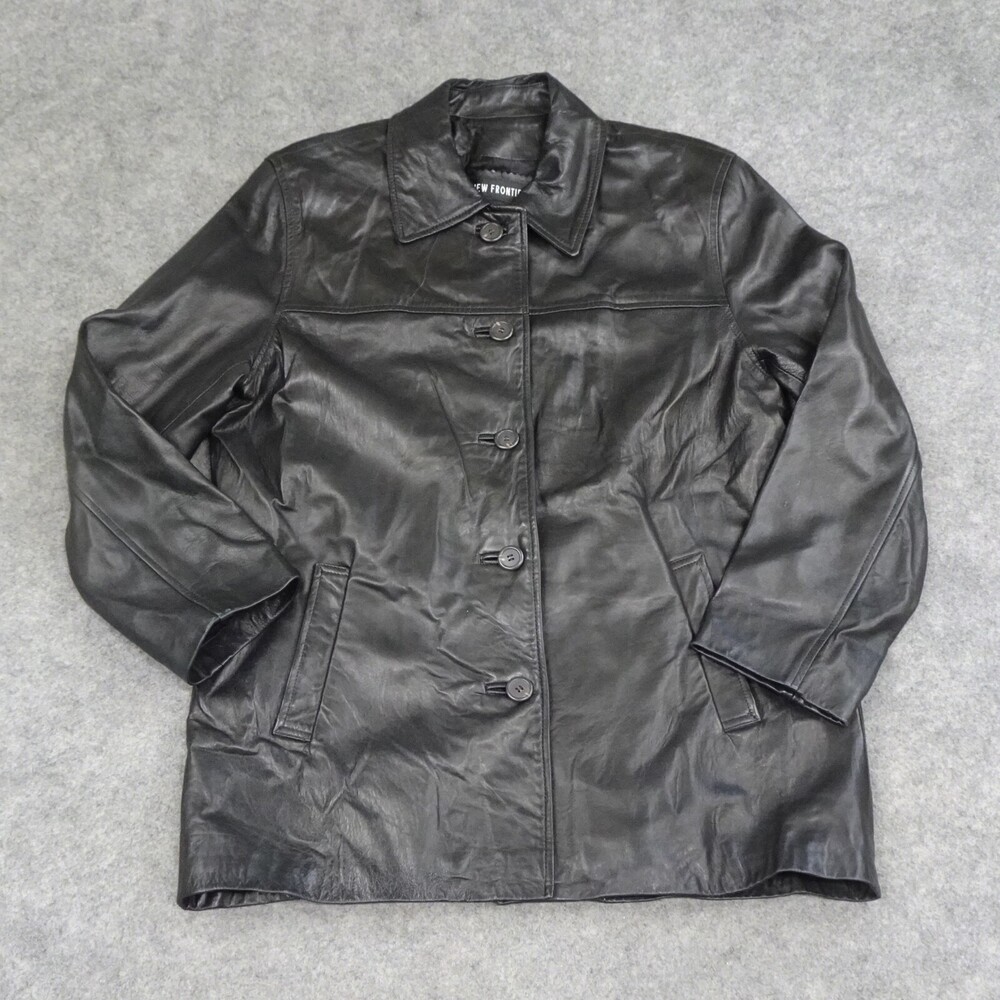 Vintage New Frontier Jacket Womens XXL 2XL Black Leather Overcoat Long Button